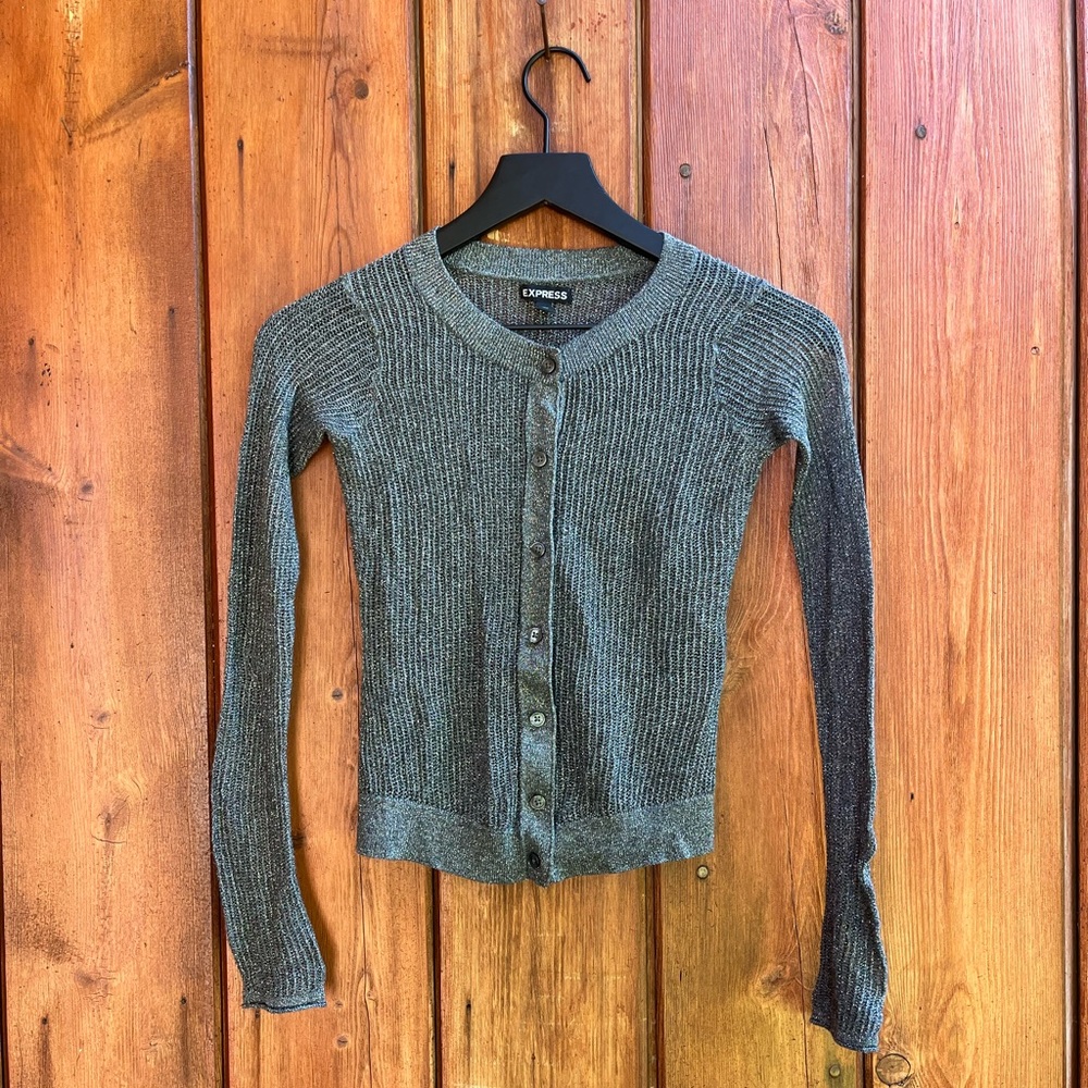 Express|Knit Metallic Grey Cardigan